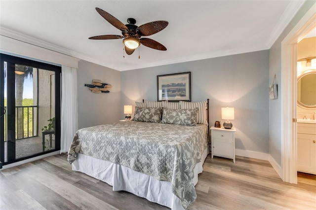 bedroom featuring ensuite bathroom, ceiling fan, access to exterior, and light hardwood / wood-style floors