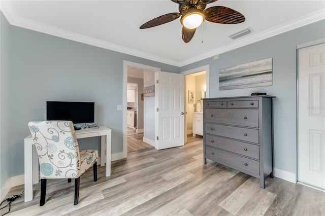 office area featuring crown molding, light hardwood / wood-style flooring, and ceiling fan