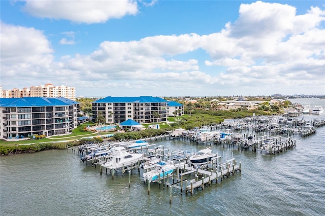 drone / aerial view featuring a water view