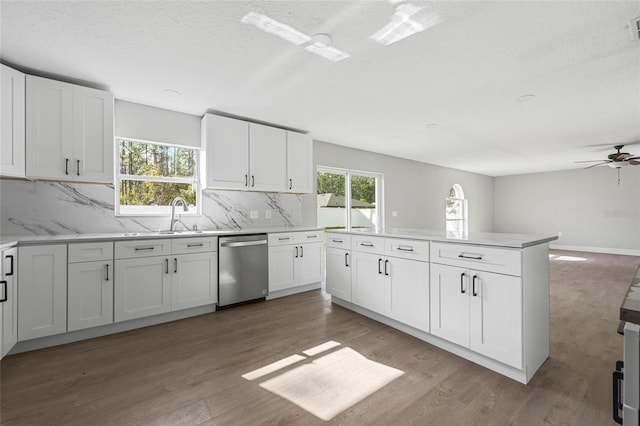 kitchen featuring wood-type flooring, white cabinetry, stainless steel dishwasher, and plenty of natural light