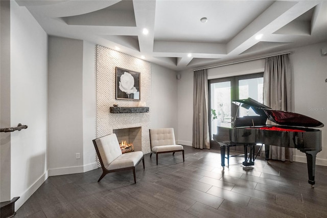 living area featuring a large fireplace and wood-type flooring