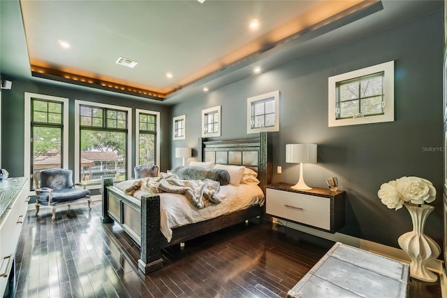 bedroom with dark hardwood / wood-style flooring and a raised ceiling