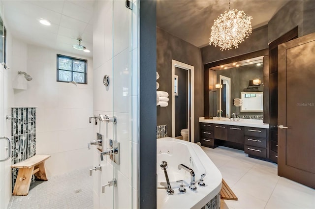 full bathroom with vanity, plus walk in shower, an inviting chandelier, tile patterned flooring, and toilet