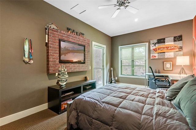 carpeted bedroom featuring ceiling fan