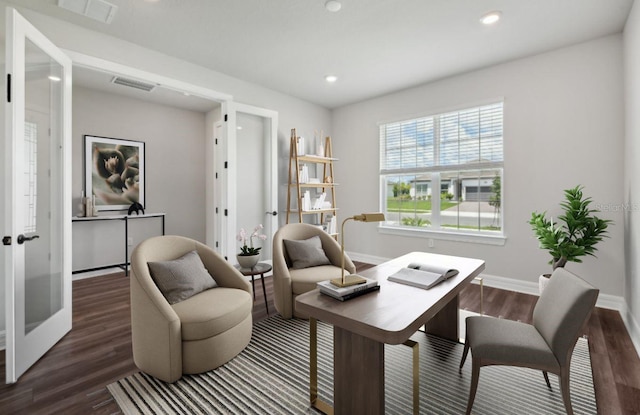 office space featuring french doors and dark wood-type flooring