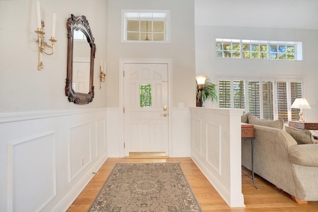 foyer entrance with a high ceiling and light hardwood / wood-style flooring