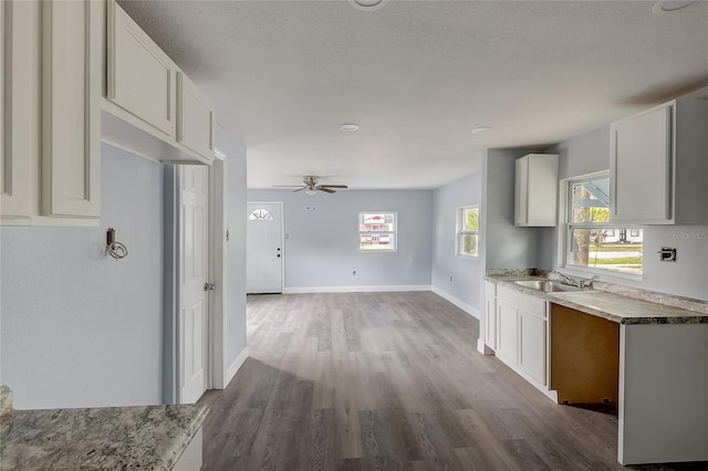 kitchen with hardwood / wood-style floors, white cabinets, sink, ceiling fan, and a textured ceiling