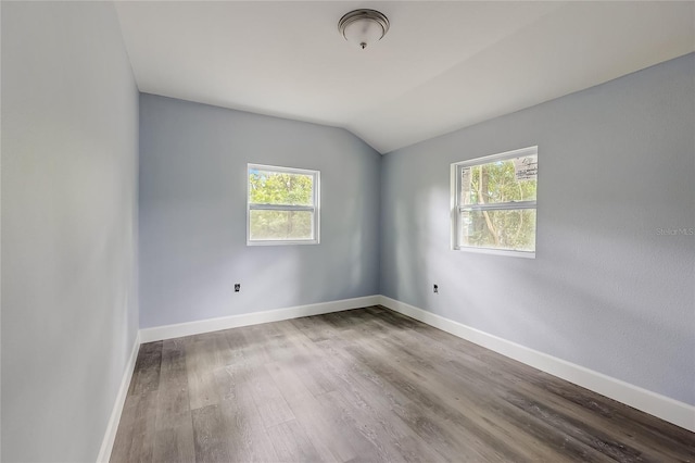 empty room with a healthy amount of sunlight, vaulted ceiling, and wood-type flooring