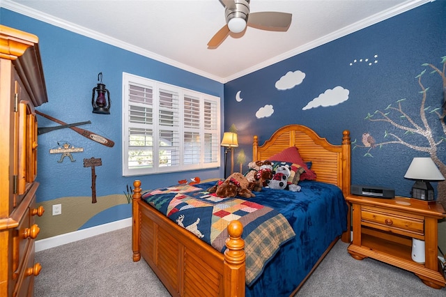 bedroom featuring carpet, ceiling fan, and crown molding