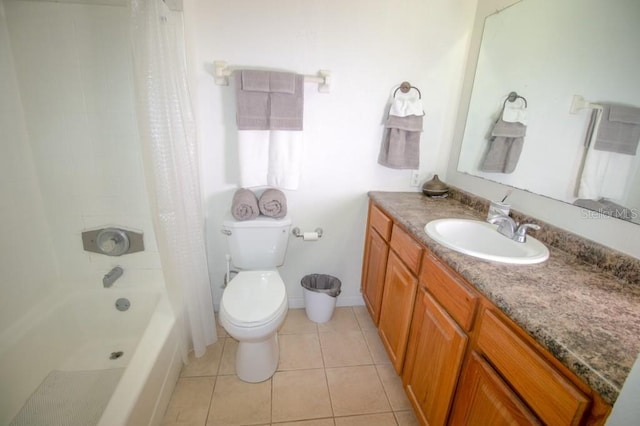 full bathroom with tile patterned floors, shower / bathtub combination with curtain, vanity, and toilet