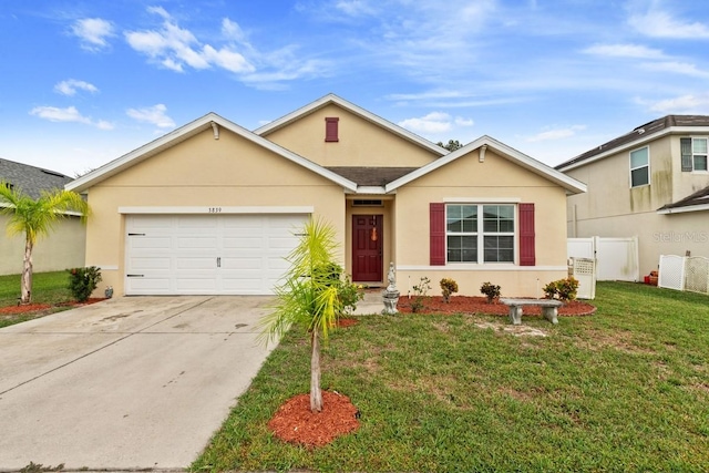 single story home featuring a garage and a front lawn