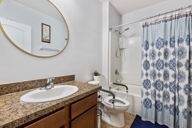 full bathroom with tile patterned floors, vanity, toilet, and shower / bathtub combination with curtain