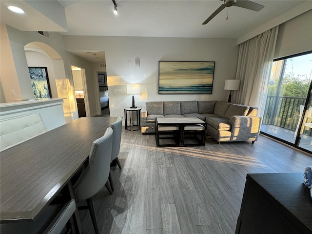 living room with hardwood / wood-style floors and ceiling fan