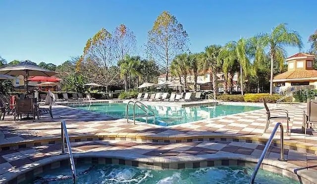 view of pool featuring a community hot tub and a patio