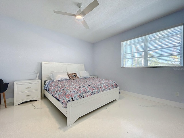 bedroom featuring a textured ceiling and ceiling fan