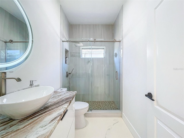 bathroom featuring toilet, vanity, and walk in shower