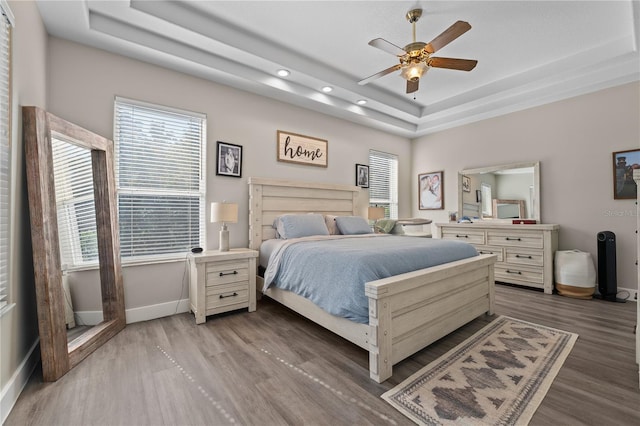 bedroom featuring a tray ceiling, ceiling fan, and dark hardwood / wood-style floors