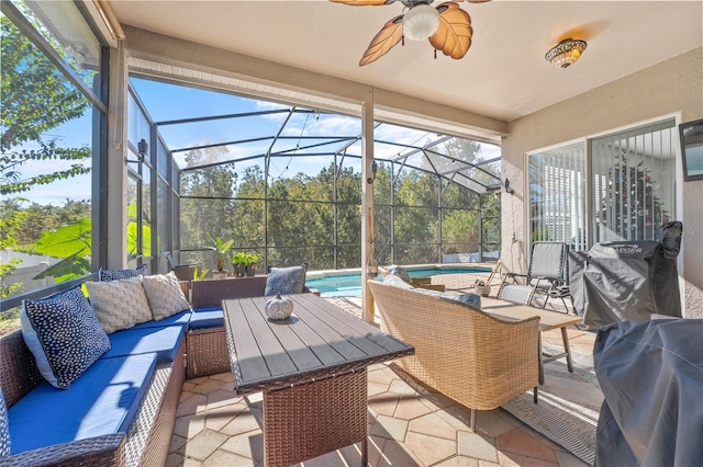 sunroom / solarium with a swimming pool