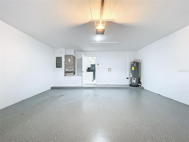 garage featuring electric panel, a garage door opener, heating unit, and water heater