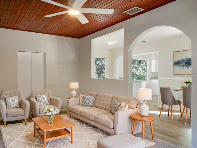 living room featuring ceiling fan, light hardwood / wood-style flooring, and wood ceiling