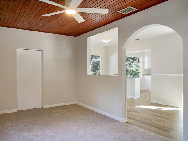 spare room featuring ceiling fan, wood ceiling, and light hardwood / wood-style floors