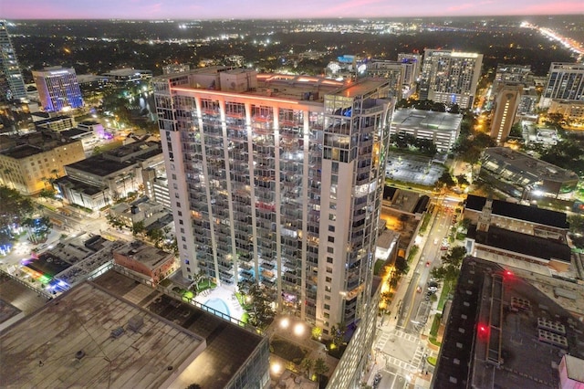 view of aerial view at dusk