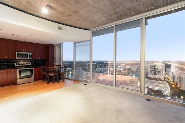 kitchen with floor to ceiling windows, decorative backsplash, light wood-type flooring, and appliances with stainless steel finishes