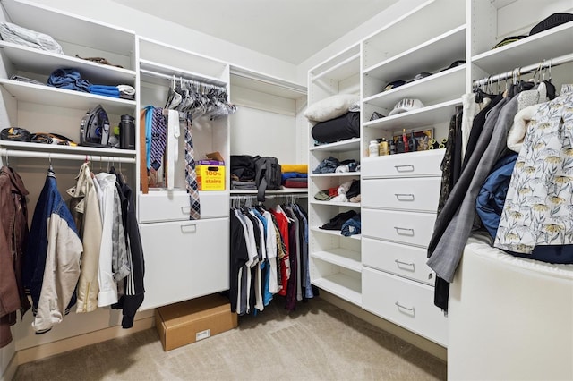 walk in closet featuring light carpet