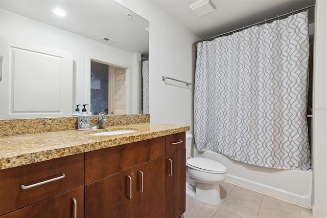 full bathroom with tile patterned floors, vanity, toilet, and shower / bathtub combination with curtain