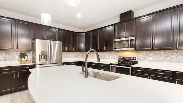 kitchen with backsplash, dark brown cabinets, stainless steel appliances, and hanging light fixtures