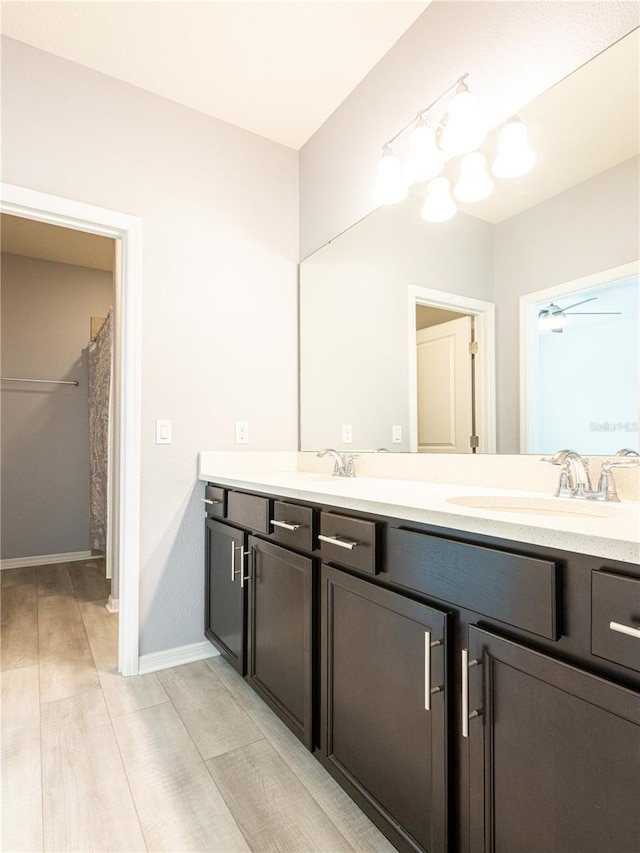 bathroom with hardwood / wood-style floors and vanity