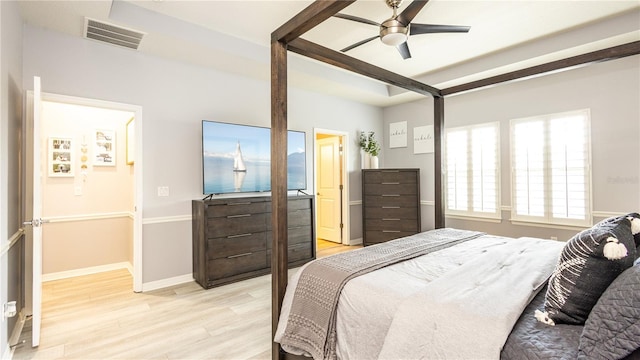 bedroom featuring light wood-type flooring and ceiling fan