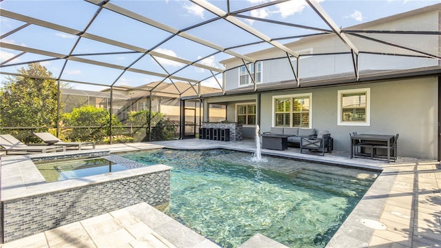 view of pool with glass enclosure, a patio area, an outdoor hangout area, and an in ground hot tub