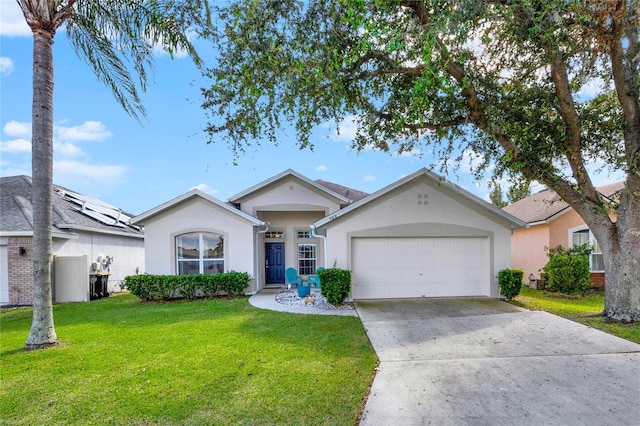 ranch-style house with a garage and a front lawn