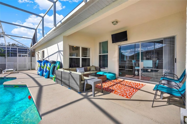 view of patio with glass enclosure, a fenced in pool, and an outdoor hangout area