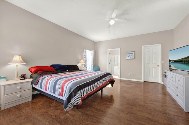 bedroom featuring connected bathroom, ceiling fan, dark wood-type flooring, and a textured ceiling