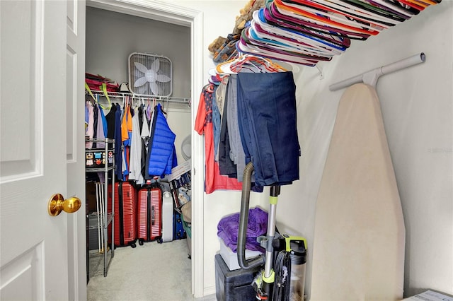 walk in closet featuring light carpet