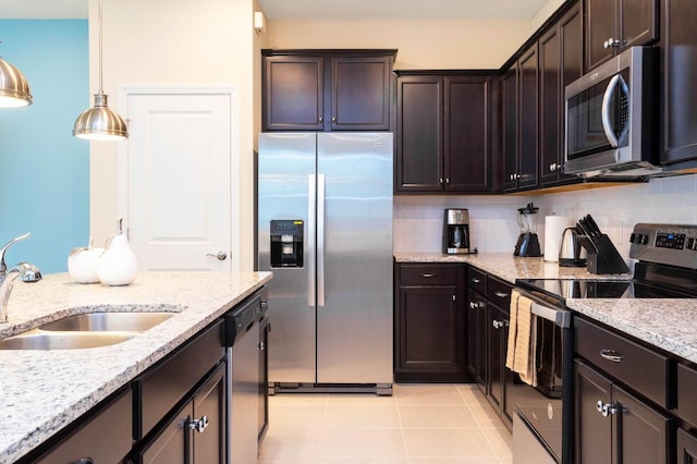 kitchen with sink, tasteful backsplash, decorative light fixtures, dark brown cabinetry, and stainless steel appliances