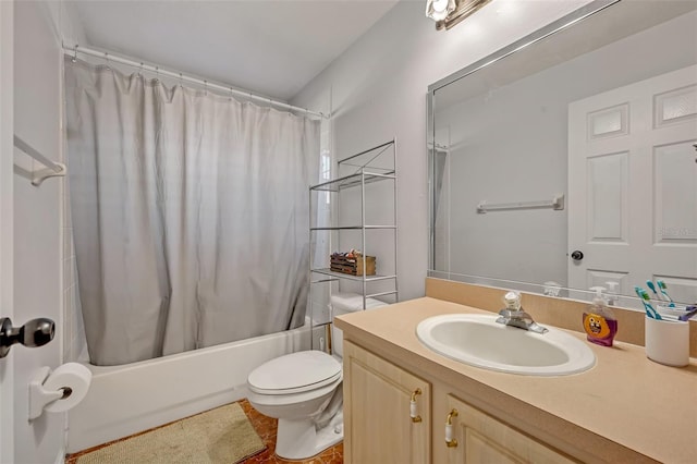 full bathroom featuring tile patterned flooring, vanity, toilet, and shower / bathtub combination with curtain