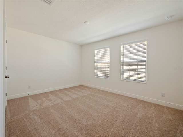 spare room featuring a textured ceiling and light colored carpet