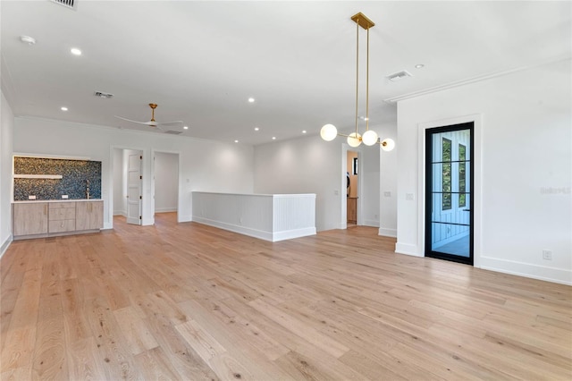 spare room with recessed lighting, visible vents, ceiling fan, and light wood finished floors