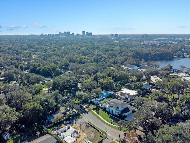 drone / aerial view with a view of city and a water view