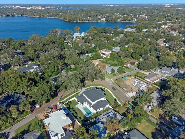 aerial view featuring a water view and a residential view