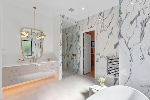 bathroom featuring visible vents, vanity, a soaking tub, a marble finish shower, and crown molding