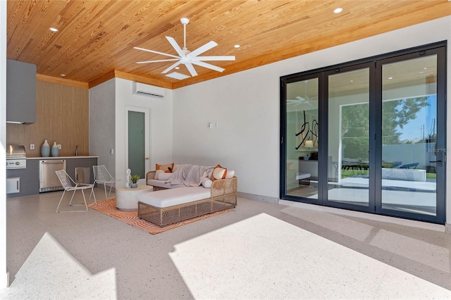 living area with baseboards, wooden ceiling, an AC wall unit, speckled floor, and recessed lighting