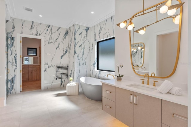 full bathroom with recessed lighting, visible vents, ornamental molding, and vanity