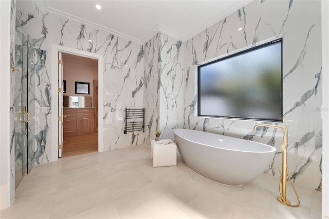 full bath featuring ornamental molding, a soaking tub, a marble finish shower, and stone wall