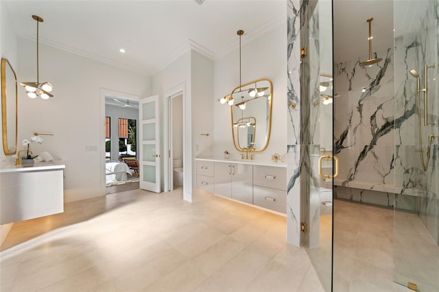 bathroom with toilet, vanity, a marble finish shower, ensuite bath, and crown molding