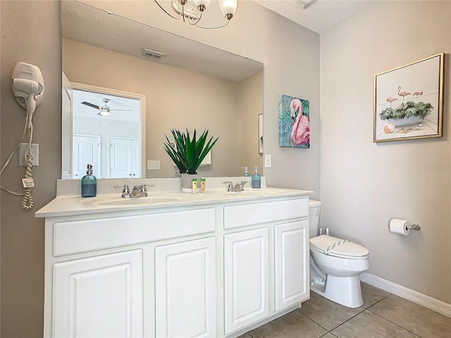 bathroom with tile patterned floors, ceiling fan, vanity, and toilet