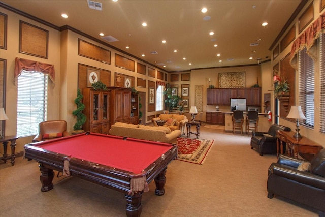 game room with carpet, ornamental molding, and pool table